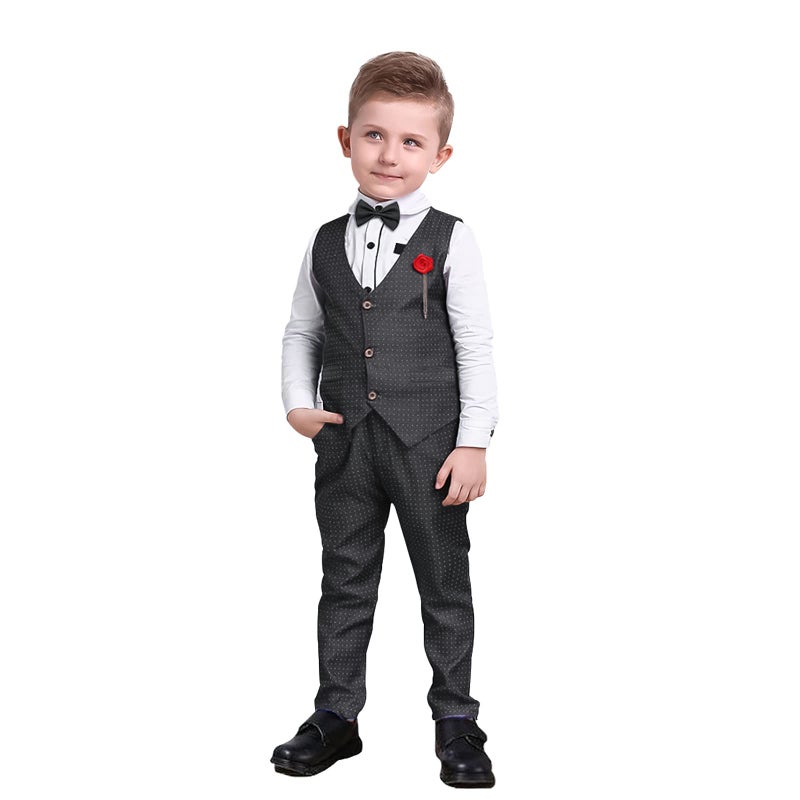 Nwada Boys Suit Set Formal Dress Shirt Bow Tie Slim Vest and Pants Toddler Boy Clothes Suits Gray - Image 1
